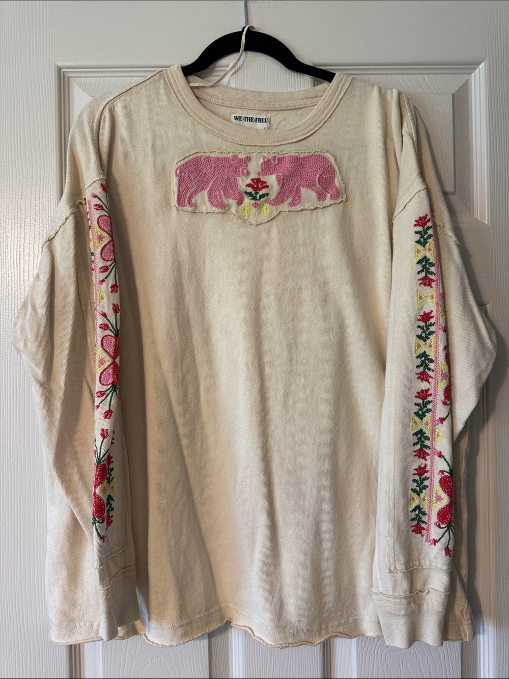 We The Free Cream Long-Sleeve Top with Pink Bear & Floral Embroidery